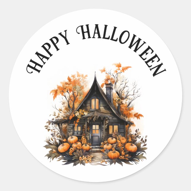 Halloween Haunted House with Pumpkins & Foliage Classic Round Sticker (Front)