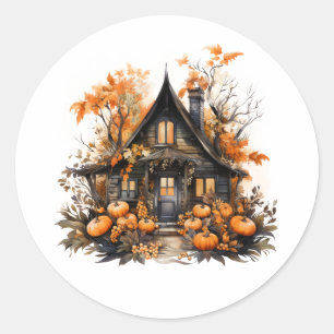 Halloween Haunted House with Pumpkins & Foliage Classic Round Sticker
