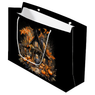 Halloween Haunted House with Pumpkins & Foliage Large Gift Bag