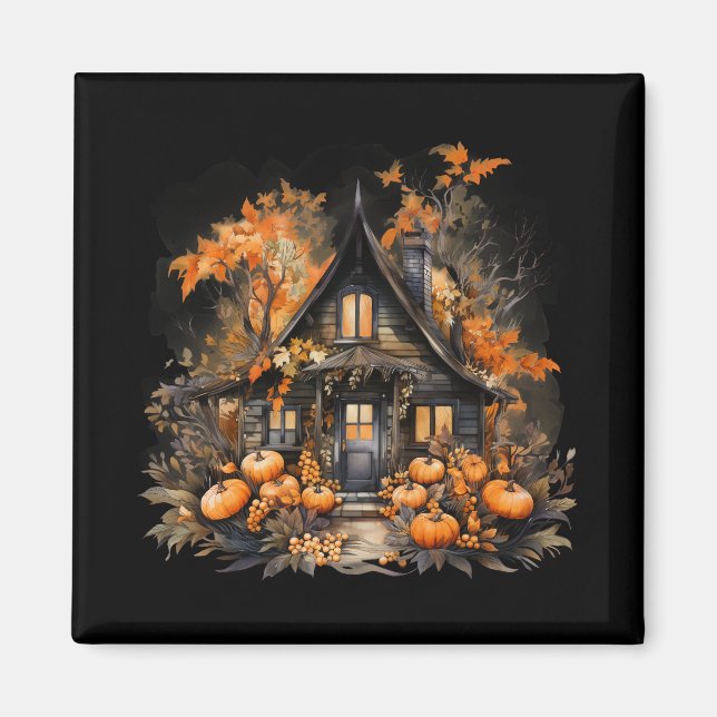 Halloween Haunted House with Pumpkins & Foliage Magnet (Front)