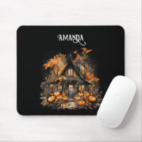 Halloween Haunted House with Pumpkins & Foliage