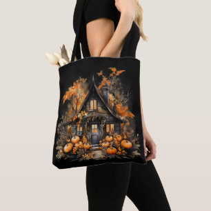 Halloween Haunted House with Pumpkins & Foliage Tote Bag