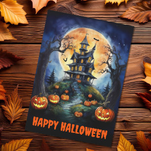 Halloween Haunted House with Pumpkins Holiday Card