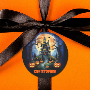 Halloween Haunted House with Pumpkins Name Classic Round Sticker