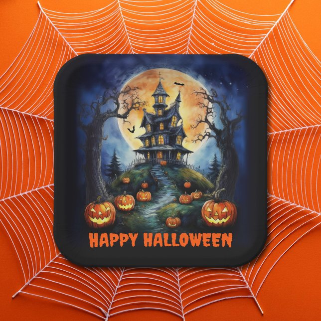 Halloween Haunted House with Pumpkins Party Paper Plate (Creator Uploaded)