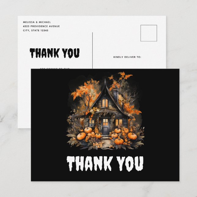Halloween Haunted House with Pumpkins Thank You Postcard (Front/Back)