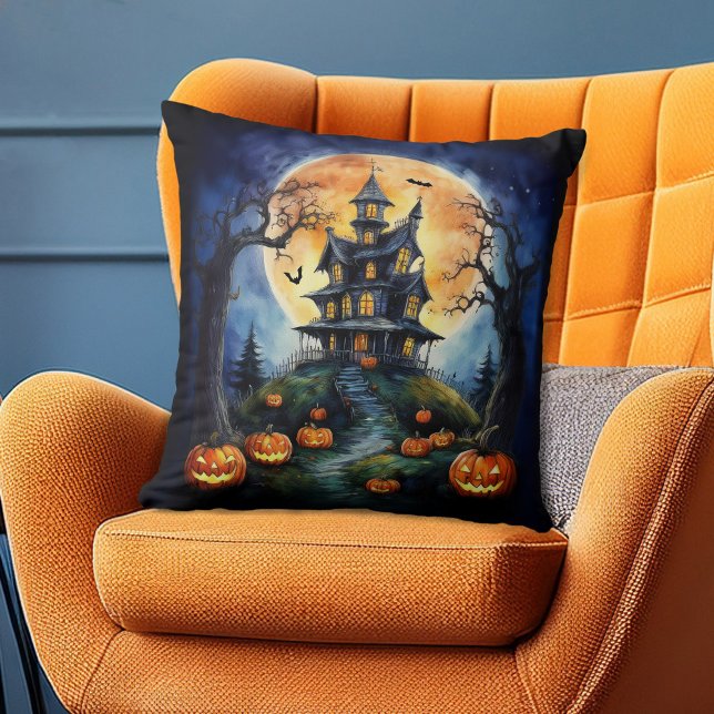 Halloween Haunted House with Pumpkins Throw Pillow (Creator Uploaded)