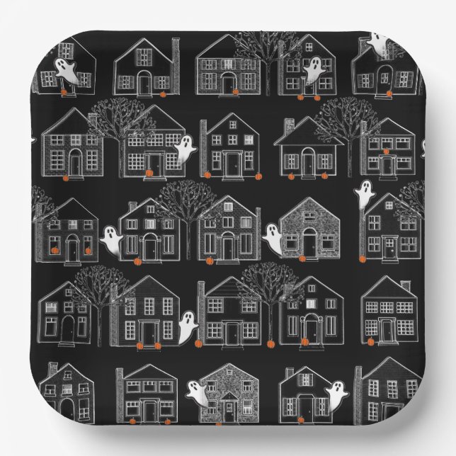 Halloween Haunted Houses Paper Plate (Front)