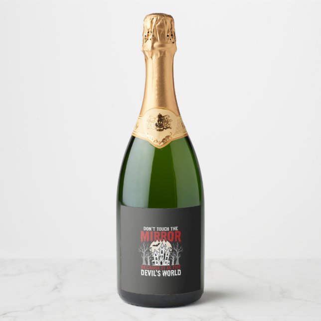 Halloween Haunted Mirror Devils World Graphic Sparkling Wine Label (Front)