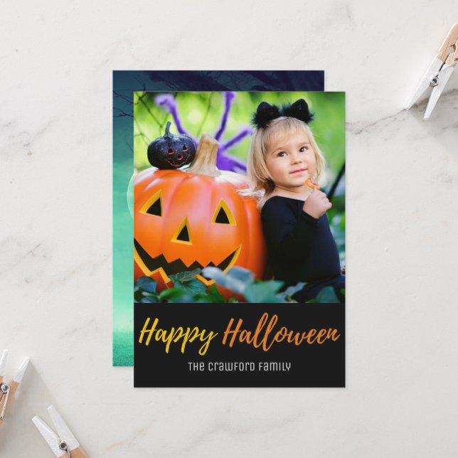 Halloween Haunted Pumpkins Trees Family Photo Card (Front/Back In Situ)