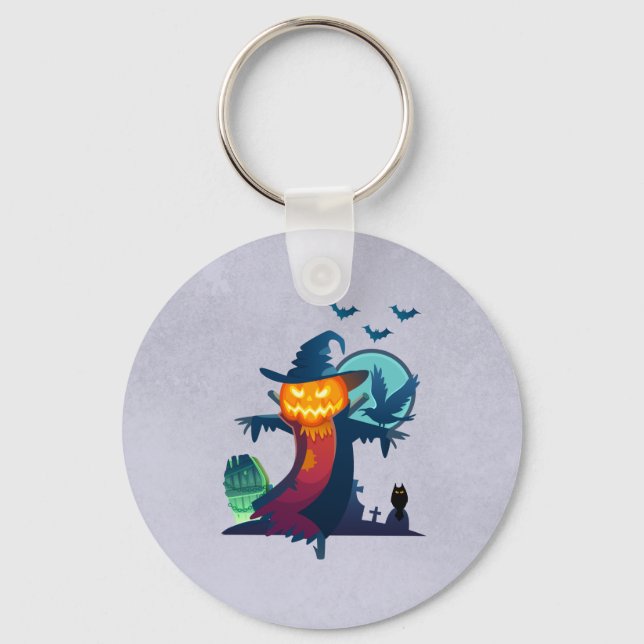 Halloween Haunted Scarecrow With Bats And A Crow Keychain (Front)
