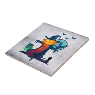 Halloween Haunted Scarecrow With Bats and A Crow Tile