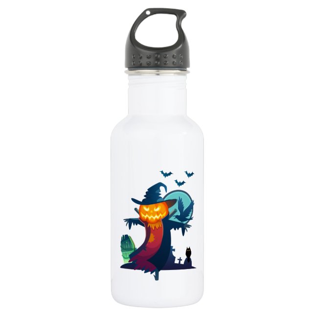 Halloween Haunted Scarecrow With Bats Crow And Owl 532 Ml Water Bottle (Front)