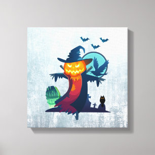 Halloween Haunted Scarecrow With Bats Crow And Owl Canvas Print