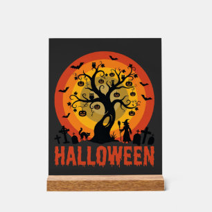 Halloween Haunted Tree Witch and Black Cats Acrylic Sign