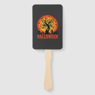 Halloween Haunted Tree Witch and Black Cats Hand Fan