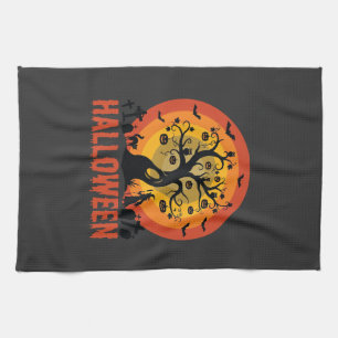 Halloween Haunted Tree Witch and Black Cats Kitchen Towel