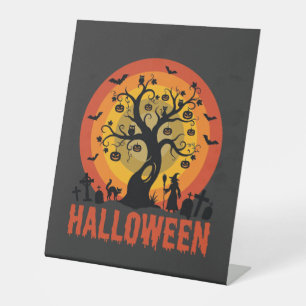Halloween Haunted Tree Witch and Black Cats Pedestal Sign