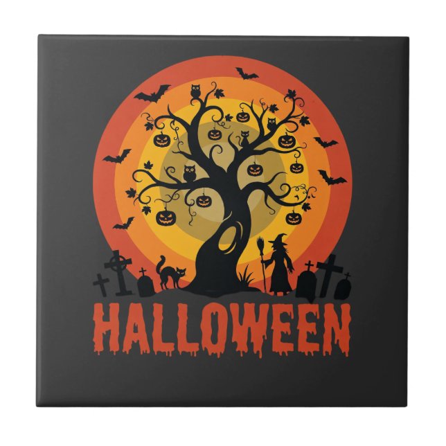 Halloween Haunted Tree Witch and Black Cats Tile (Front)