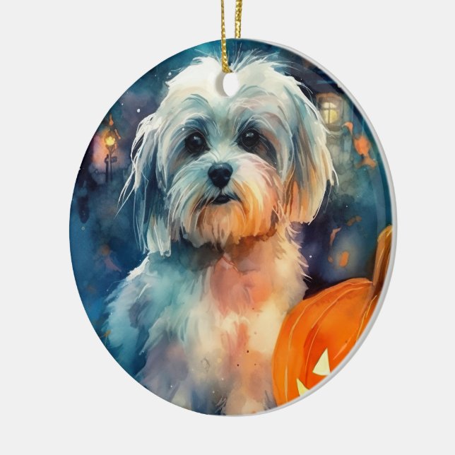 Halloween Havanese With Pumpkins Scary Ceramic Ornament (Left)