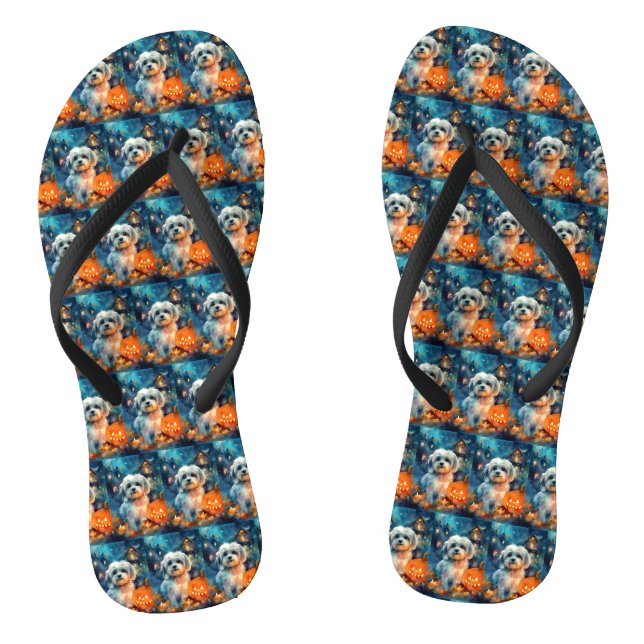 Halloween Havanese With Pumpkins Scary Flip Flops (Footbed)