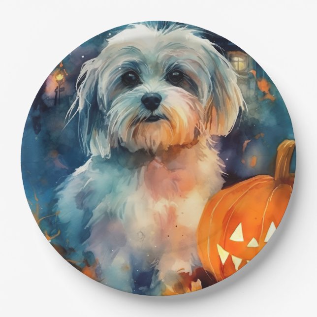 Halloween Havanese With Pumpkins Scary Paper Plate (Front)