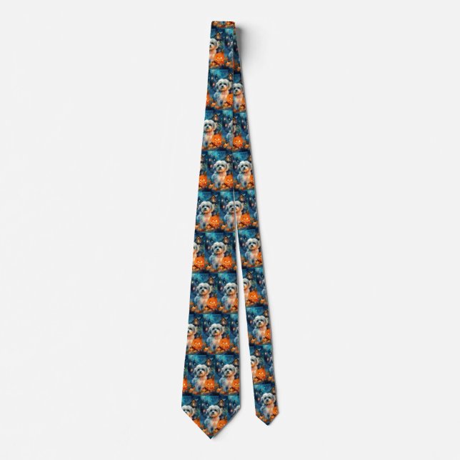 Halloween Havanese With Pumpkins Scary Tie (Front)