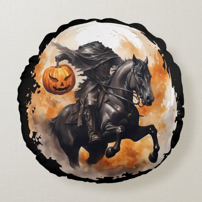 Halloween Headless Horseman With Pumpkin Head Round Pillow (Front)