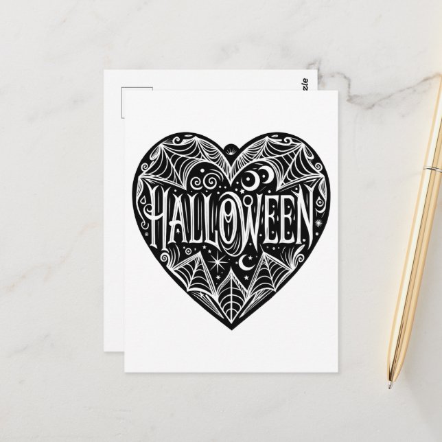 Halloween Heart, Black Heart Shape, Holiday Postcard (Front/Back In Situ)