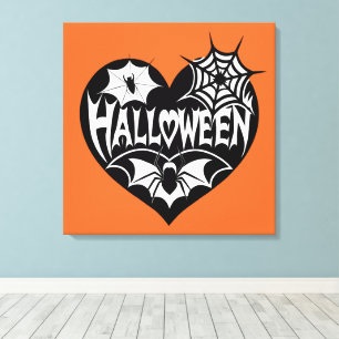 Halloween Heart, Black Heart Shape, Spider Web Canvas Print