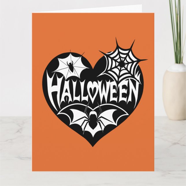 Halloween Heart, Black Heart Shape, Spider Web Card (Front)