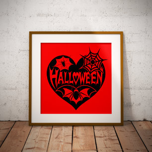 Halloween Heart, Black Heart Shape, Spider Web Foil Prints
