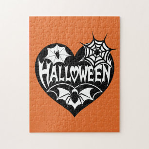Halloween Heart, Black Heart Shape, Spider Web Jigsaw Puzzle