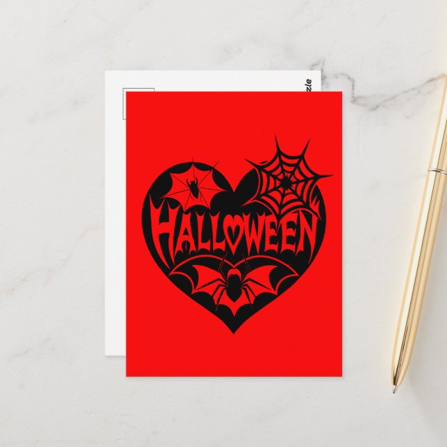 Halloween Heart, Black Heart Shape, Spider Web Postcard (Front/Back In Situ)