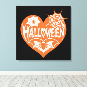 Halloween Heart, Orange Heart Shape, Spider Web Canvas Print