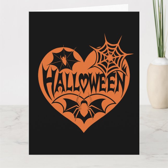 Halloween Heart, Orange Heart Shape, Spider Web Card (Front)