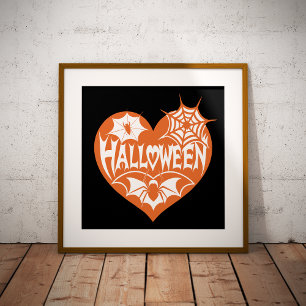 Halloween Heart, Orange Heart Shape, Spider Web Foil Prints