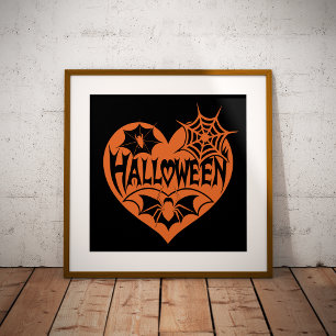 Halloween Heart, Orange Heart Shape, Spider Web Photo Print