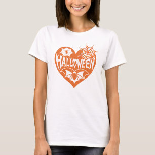 Halloween Heart, Orange Heart Shape, Spider Web T-Shirt