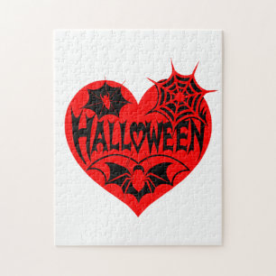 Halloween Heart, Red Heart Shape, Spider Web Jigsaw Puzzle