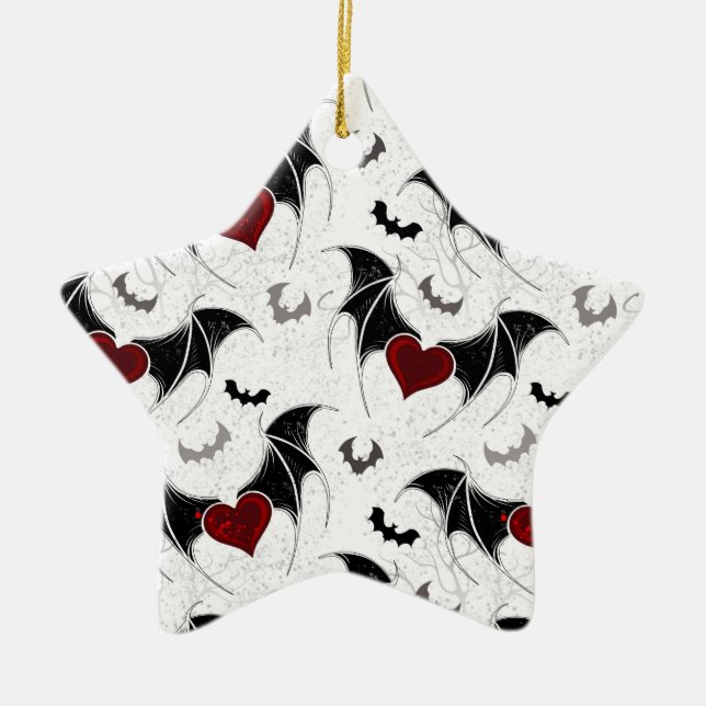 Halloween heart with black bat wings ceramic ornament (Front)