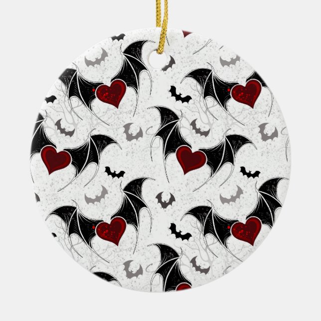 Halloween heart with black bat wings ceramic ornament (Front)
