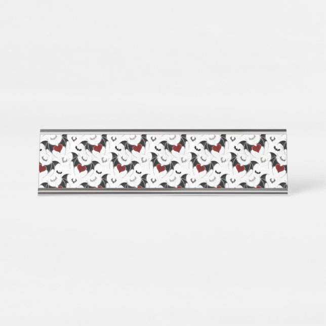 Halloween heart with black bat wings desk name plate (Front)