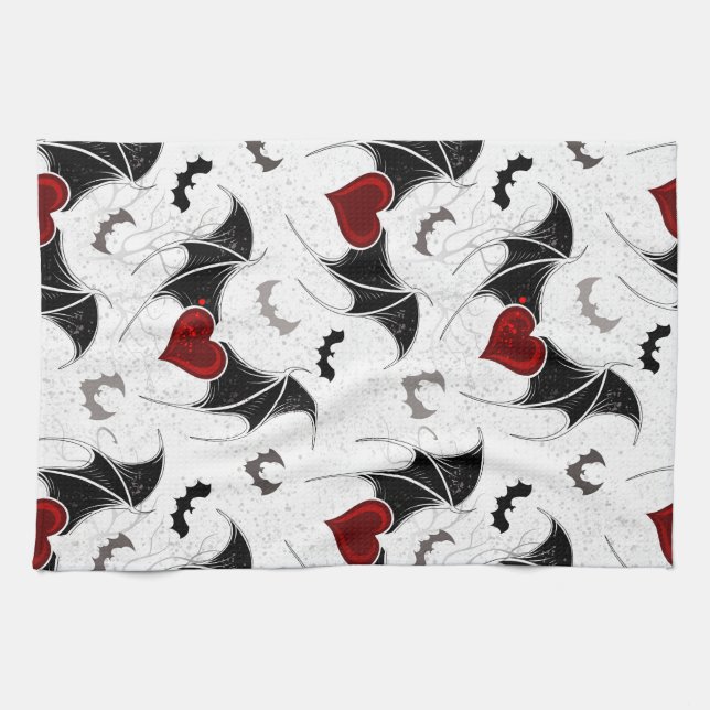 Halloween heart with black bat wings kitchen towel (Horizontal)