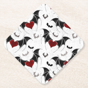 Halloween heart with black bat wings paper coaster