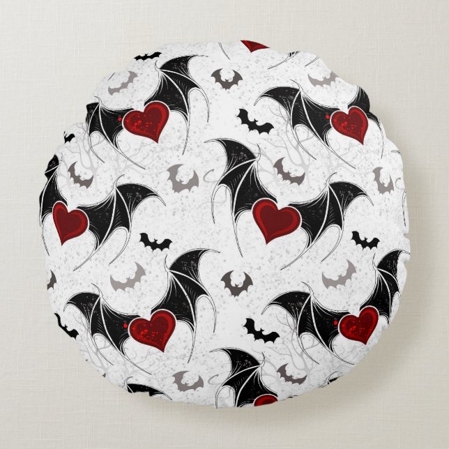 Halloween heart with black bat wings round pillow (Front)