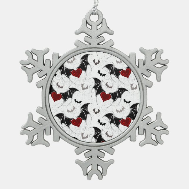 Halloween heart with black bat wings snowflake pewter christmas ornament (Front)