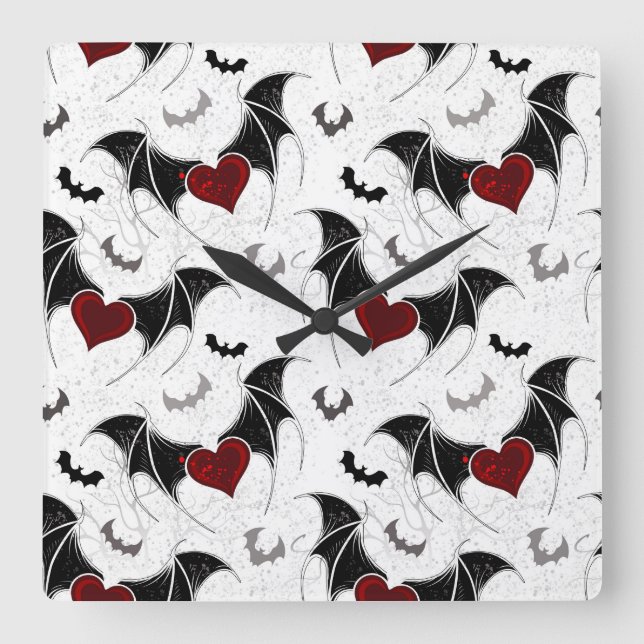 Halloween heart with black bat wings square wall clock (Front)