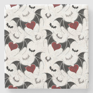 Halloween heart with black bat wings stone coaster