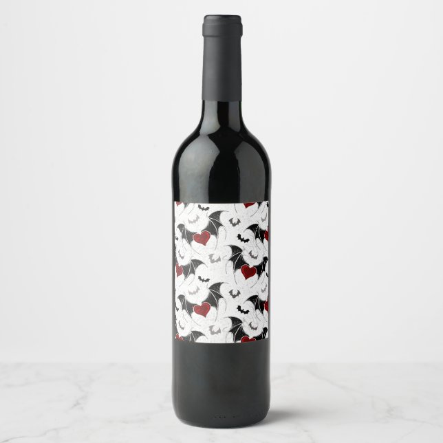 Halloween heart with black bat wings wine label (Front)